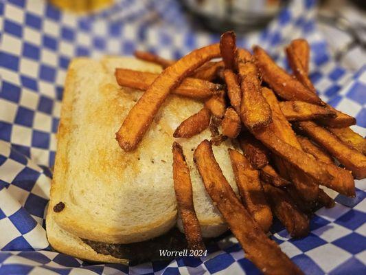 Sourdough patty melt with sweet potato fries