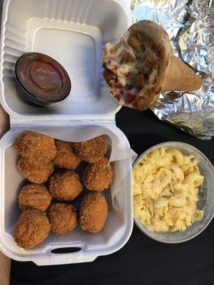 Chicken Parm Pizza Cone, 14 (10) Chicken Corden Bleu Bites, and Baked Mac & Cheese