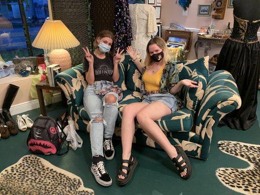 Me and a friend enjoying the welcoming scenery and cool finds! Even this couch was vintage!