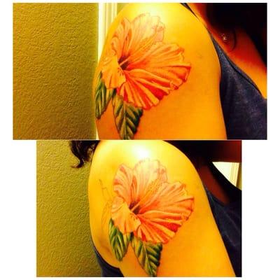 Hibiscus flower done by Rob! Not quite done with this first piece but I do plan on going back for a sleeve to add to this :)