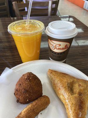 Fresh squeezed orange juice  Café con leche  Picadillo stuffed potato ball Ham croquette  Guava & cream cheese pastelito