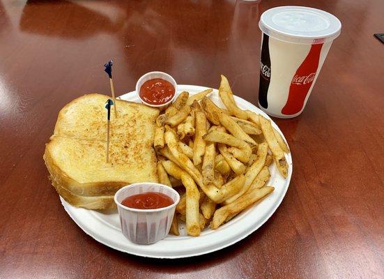 Tuna melt sandwich with large seasoned fries