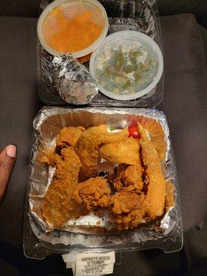 Fried chicken wings, yams and collard greens