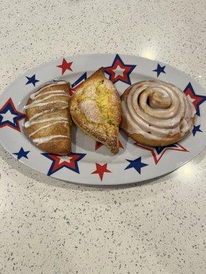 Apple turnover, lemon scone, and cinnamon roll