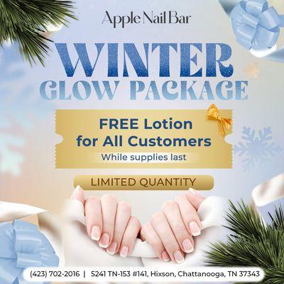 WINTER GLOW PACKAGE 
 FREE lotion for All Customers (while supplies last)! 
 Limited quantities available, so hurry in before it's go