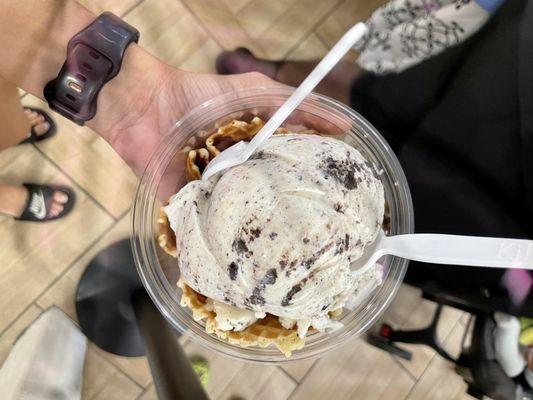 Rocky road in a warm waffle cone