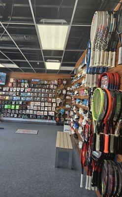 Tennis rackets, shoes, and strings