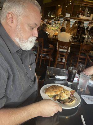 Burger with beer cheese and bratwurst