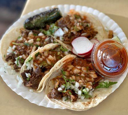 carne asada + pastor tacos