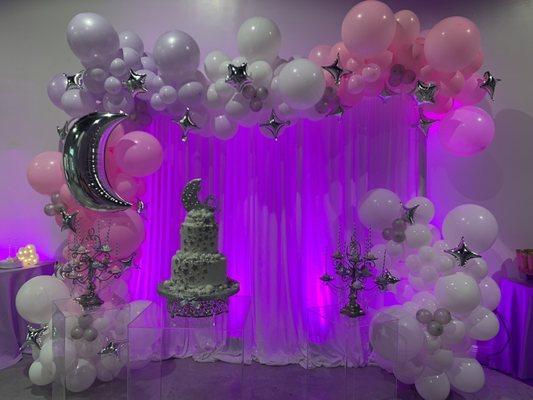 Twinkle twinkle little star decorations, pink, lavender and white balloons with moon and star in silver