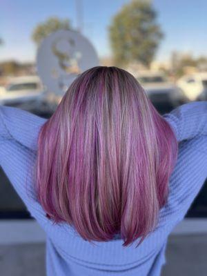 Pink balayaged lowlights with blonde highlights