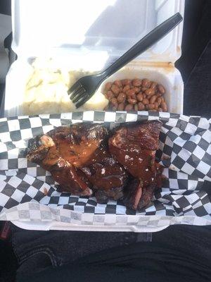 Rib plate with twice baked potatoes + baked beans