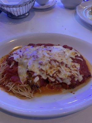 Veal parmigiana with a size of angel hair pasta