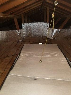 Attic hatch tent and barrier for cellulose insulation in attic