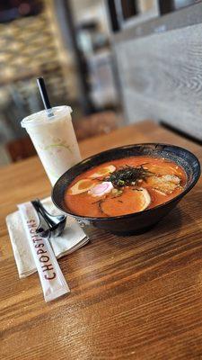 Spicy Tonkotsu Ramen & Jasmine Green Milk Tea.