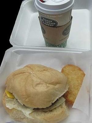 Breakfast sandwich, hash brown, & coffee