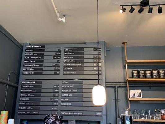 Menu has a good variety of coffee and tea options with some baked goods and snacks.