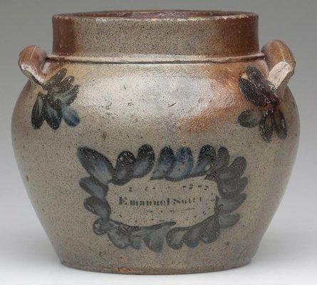 June 22, 2013. Lot 1. Emanuel Suter, Shenandoah Valley of Virginia Decorated Stoneware Honey or Sugar Pot. Price Realized: $86,250. USD.