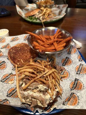 Roast beast burger with sweet potato fries