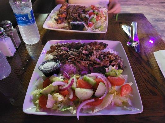 Combo plates.  The closer plate was shwarma and beef kabob.  The further plate was shwarma and chicken kabob.