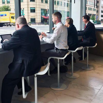 View of the coffee bar and iPads at the City Center Branch