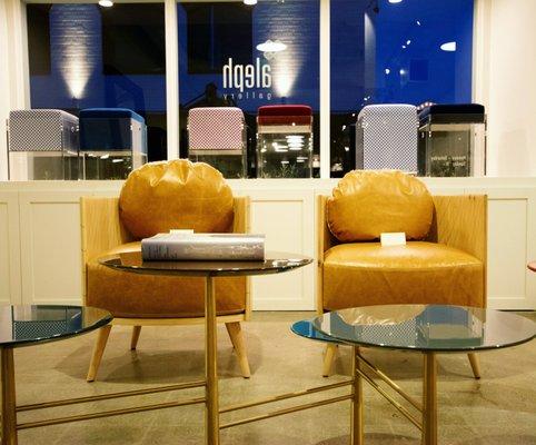 Pebble Low Table, Pinewood Armchairs, and Floating Stools, designed by Nada Debs