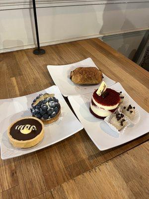 Tarts, truffle, chocolate croissant, red velvet cake