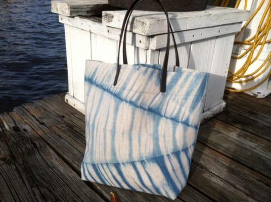 Hand dyed Arashi Shibori- Indigo on Natural Linen