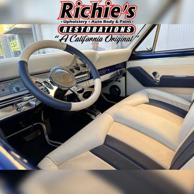 Full show quality leather interiors custom made.  From wrapped dashs, steering wheels, seats, door panels, kick panels, headliners & carpets