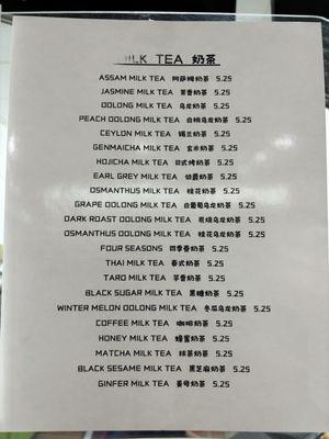 Milk tea menu