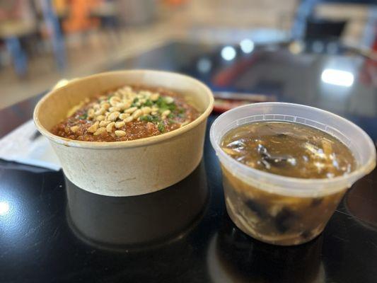 Dan dan noodles (left) and hot and sour soup (right)- great flavor