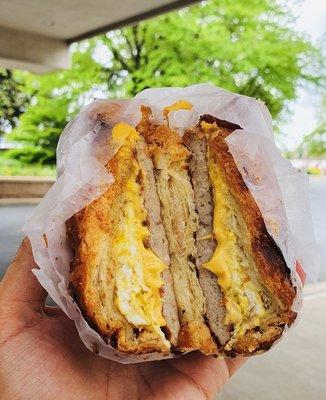 Sausage egg and cheese on a croissant