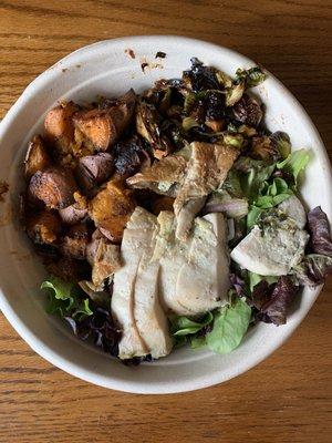 Rosemary Roasted Chicken over mixed greens, Maple-Sriracha Brussels Sprouts (V, GF), Roasted Sweet Potato (V, GF)