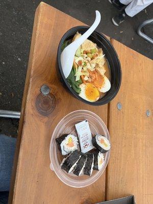 Ramen and sushi roll "for here". I love how they used the bowl top as a sushi plate.