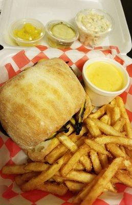 Mmm the mushroom Swiss Burger substitute Cheddar cheese with side of cheese for fries and delicious homemade macaroni salad.