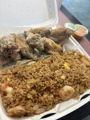 To go but for here! Lemon pepper ranch wings and shrimp fried rice. $15