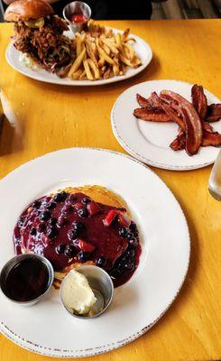 Flapjacks w/fruit compote $15, side of bacon $5, Fried Chicken sandwich w/fries $20 (9/8/24)