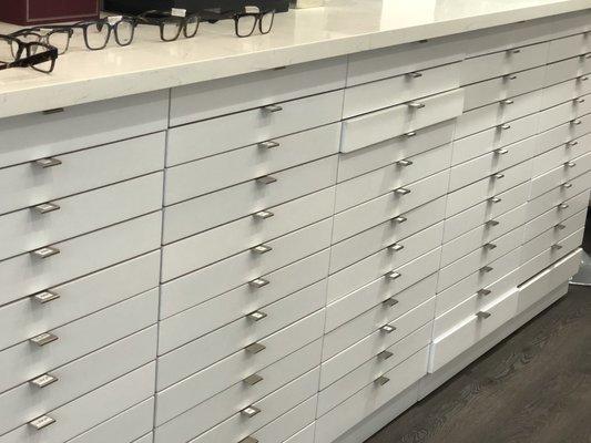 Inside these drawers live some gorgeous designer eyewear.