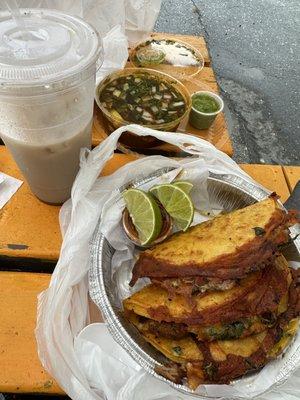 Birria tacos with consommé, horchata