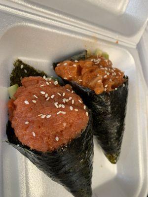 Spicy Salmon Hand Roll and Tuna Hand Roll