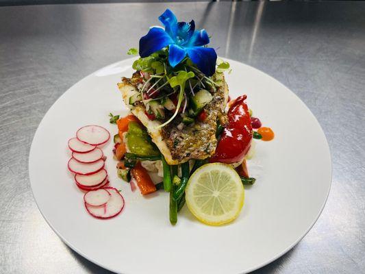 Red snapper special over mashed potatoes, grilled vegetables