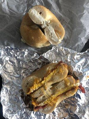 Plain bagels with cream cheese & Turkey bacon, egg and cheese.