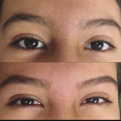 Before and after natural brow wax on a teenager