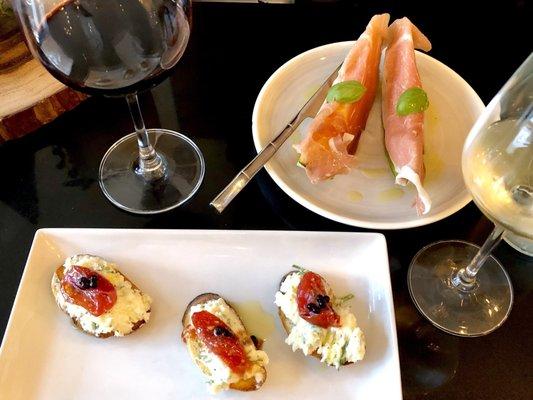 Burrata crostini, Prosciutto melon, and $5 wine special on a Saturday! What could be better