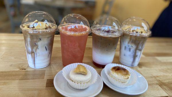 Honeycomb toffee latte, grapefruit-add, and rose latte with honeycomb toffee and creme brûlée macaroons