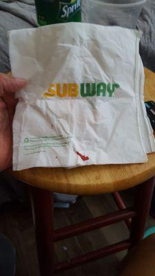 Found in my bag when I got home. Subway wanted me to prove it came from there. Disgusting.