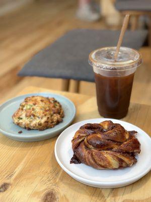 Cinnamon bun, Bacon & Scallion scone