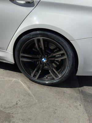 Tire mounted and balanced with fresh tire shine applied.