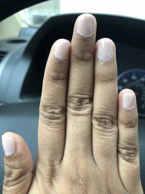 The worst gel manicure ever..I wanted to cry and could have done this myself...I asked her to fix the edges and she just shook her head no..