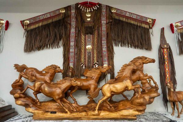 "WILD & FREE" Bali wood sculpture with Native American Regalia Warrior's Shirt